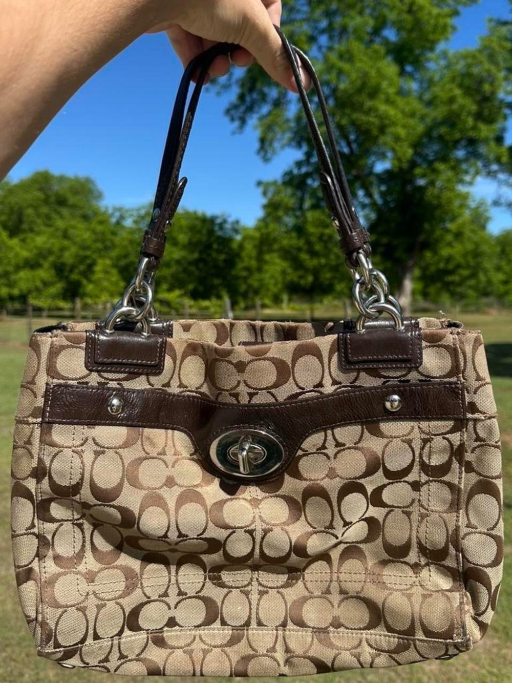 COACH Signature C Penelope Shoulder Bag — Khaki/Brown | Silver Chain Hardware